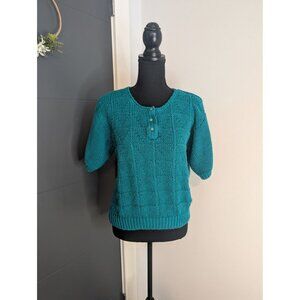 Vintage Alfred Dunner Hand Knit Teal Textured Short Sleeve Sweater Size 38